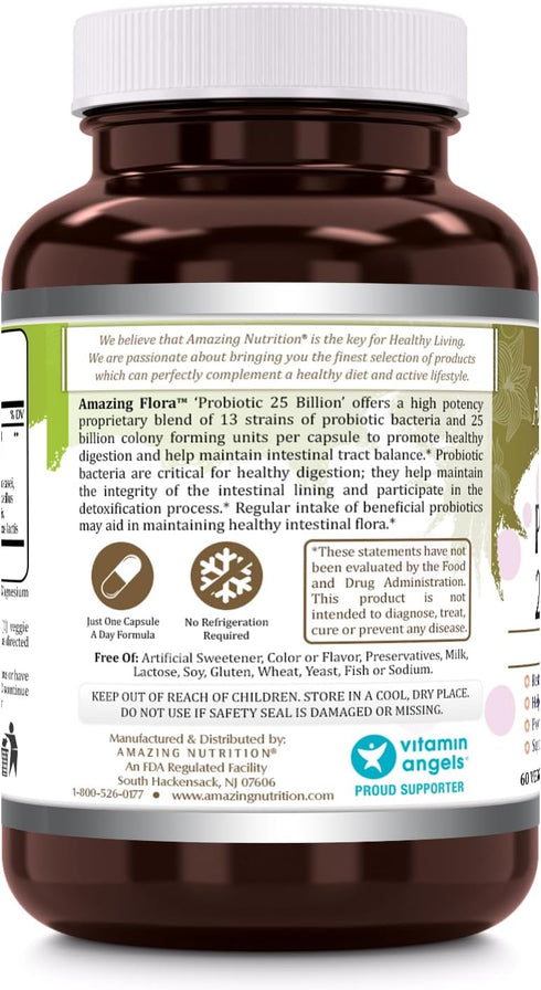 Amazing Flora Probiotic 13 Best Probiotics Strains | 25 Billion | 60 Veggie Capsules Supplement | Non-GMO | Gluten Free | Suitable for Vegetarians...