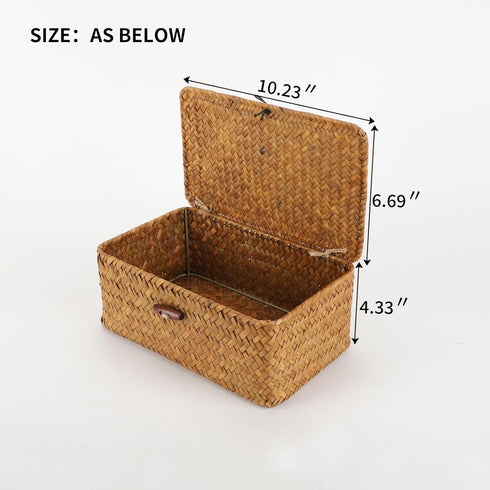 YRHOME Seagrass Rattan Basket Storage with Lid, Natural Hand-woven Rectangular Household Basket Bins for Organizer Boxes Shelf Desk (Original 10.2...