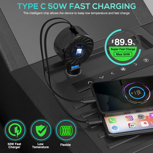 Retractable Car Charger, 3 in 1 Fast Charging Car Phone Charger 50W, Mini Car Adapter with 2 Cables+1 Port Cigarette Lighter USB C Charger for App...