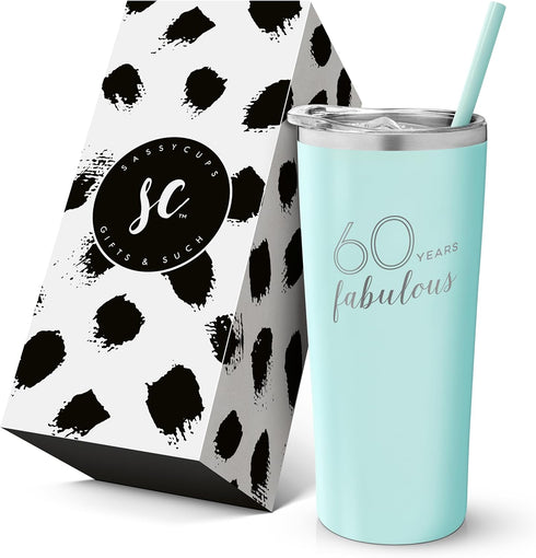60th Birthday Tumbler - 60 Years Fabulous - Stainless Steel Tumbler Cup with Straw and Lid - Insulated Mug for Mom Birthday - 60th Birthday Party ...