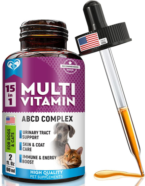 Cat & Dog Multivitamin Liquid with Glucosamine & Cranberry | 15 in 1 Health Supplements for Urinary Tract Kidney, Bladder, Hip & Joint, Skin & Coa...
