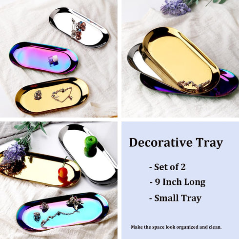 Stainless Steel Decorative Tray, Set of 2, 9 Inch Long, Jewelry Dish Cosmetics Organizer Bathroom Clutter Serving Platter Small Storage Tray, Oval...