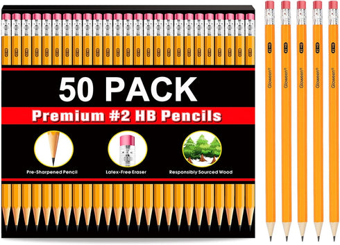 Gloween Wood-Cased #2 HB Pencils Bulk, 50 Pack Pre-Sharpened Yellow Pencils for Office School Supplies...