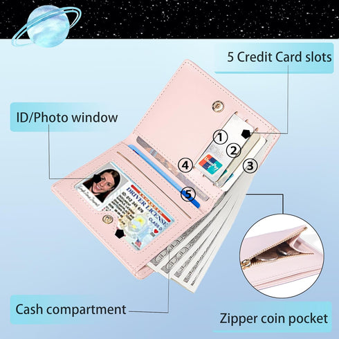 Sunwel Fashion Girls Cute Astronaut Bear Bunny Print Tri-folded Wallet Small Wallet Cash Pocket Card Holder ID Window for Women (PINK)...