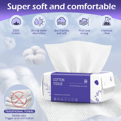 Disposable Face Towel 100 Count, Face Clean Towels, Soft Cotton Dry Wipes Facial Cloths Towelettes for Washing and Drying, Facial Tissue for Clean...