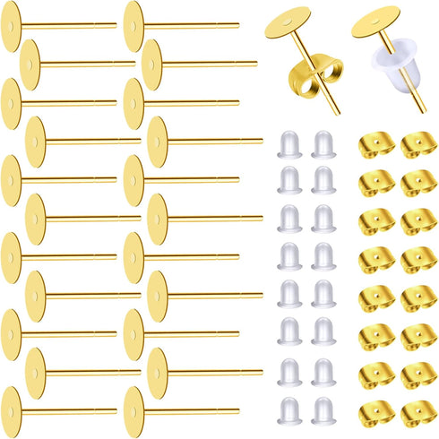 TOAOB 300pcs Earring Posts and Backs Gold Stainless Steel Hypoallergenic 5mm Flat Pad Studs with Clear Rubber and Butterfly Earring Backs for DIY ...