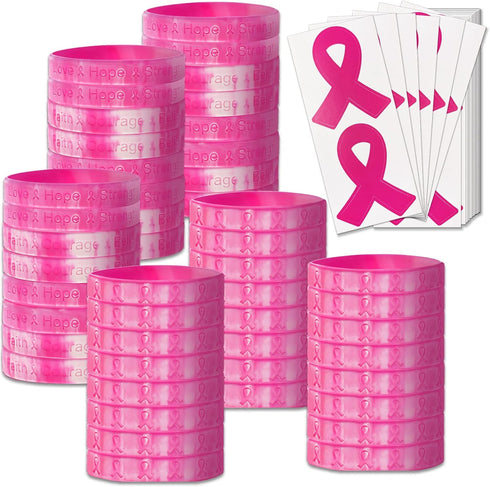 Bundle of 48 Pcs Die Cut Pink Ribbon Stickers and 48 Pcs Pink Ribbon Camouflage Breast Cancer Awareness Bracelets in 2 designs, Faith Courage Beli...