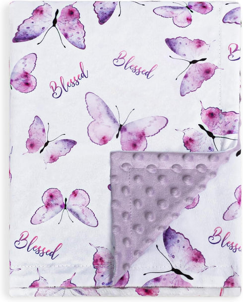 BORITAR Baby Blanket for Girls Soft Plush Minky Fabric, Double Layer Dotted Backing with Elegant Purple Butterfly Printed Blessed Blanket Gift for...