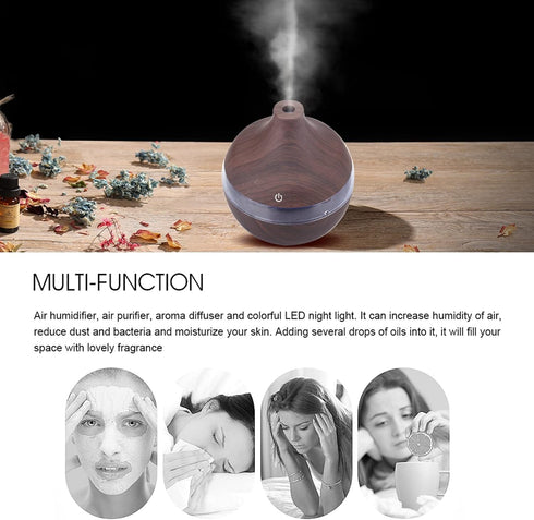 Wood Grain Humidifier LED Night Light Mist Maker Air Humidifier Essential Oil Diffuser Small Humidifiers for Bedroom Office Car Home 300ml...