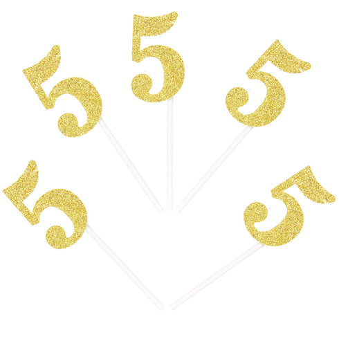 Newqueen Number 5 Cupcake Toppers Gold Glitter 5th Birthday Cupcake Topper Baby Shower Anniversary Party Decoration Supplies 24 PCS...