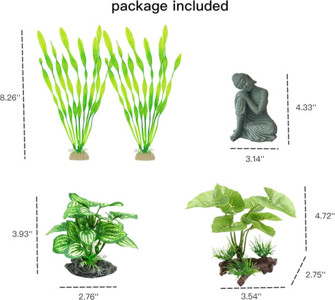 Fish Tank Decorations Set, Aquarium Buddha Statue Decorations and Aquarium Artificial Plastic Plants Set, Betta Fish Tank Accessories Aquarium Pla...