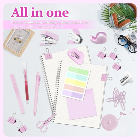 Mini Office Supply Kit, Pink Mini Stapler with Staples and Tape Dispenser Set, Mini Stationary Kit includes Sticky Notes Index Tabs Highlighters G...