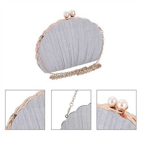 Women Mini Pleated Seashell Evening Clutch Handbag Chain Strap Cross-body Bag...