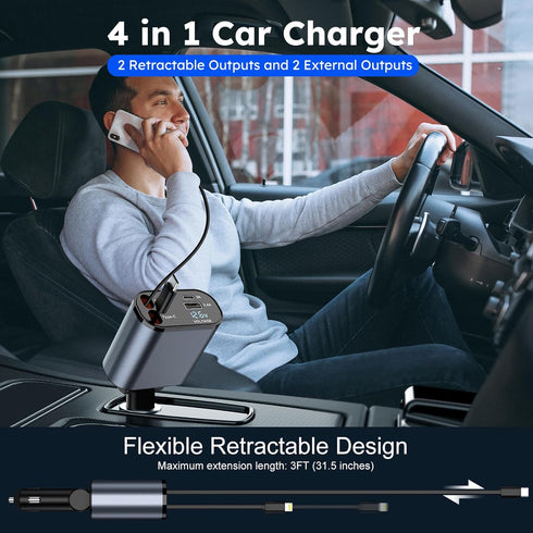 Retractable Car Charger 120W - 4 in 1 Fast Charing Car Phone Charger Adapter, USB C Car Charger with 2 Retractable Cables & 2 USB Ports for iPhone...