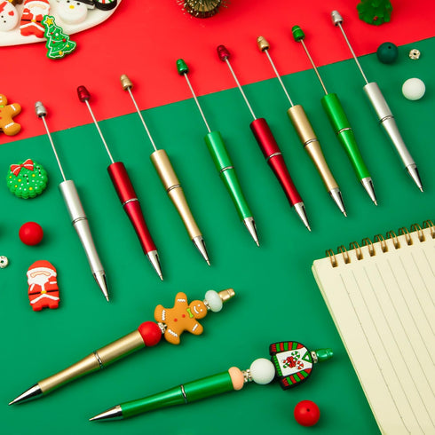 12 Pcs Christmas Beadable Pens, Plastic Bead Pens, Silicone Bead Pens, Snowmen Santa Gingerbread Bead Ballpoint Pen for Office School Women Kids S...