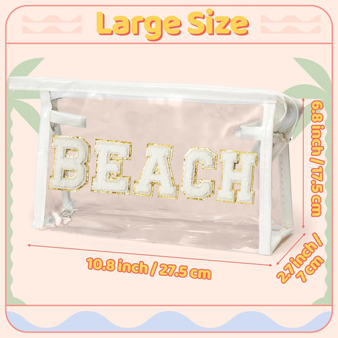 Preppy Patch Cosmetic Bag - Summer BEACH Chenille Varsity Letter Toiletry Bag Transparent PVC Zipper Makeup Bag Waterproof Portable Travel Beach B...