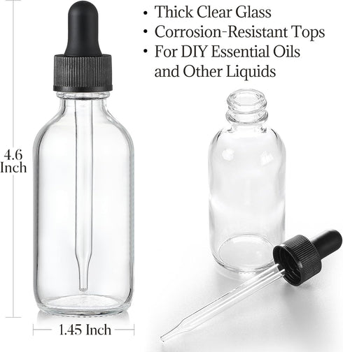 AOZITA 4 Pcs, 2 oz Clear Eye Dropper Bottles with 1 Stainless Steel Funnels & 4 Labels - Black Caps 60ml Thick Glass Tincture Bottles - Leakproof ...