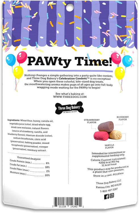 Three Dog Bakery Celebration Confetti with Vanilla, Strawberry and Blueberry Crunchy Dog Treats - 8oz...