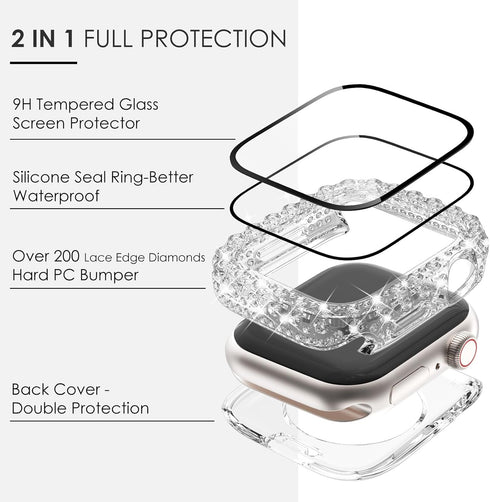 Surace 2 in 1 Waterproof Bling Case Compatible for Apple Watch Series 6 5 4 SE 44mm Screen Protector, Lace Edge Diamond Protective Bumper Face Cov...