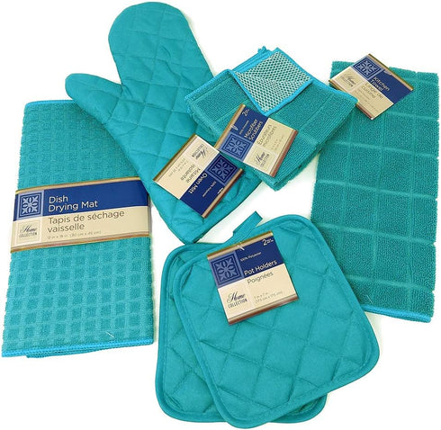 Kitchen Towel Set with 2 Quilted Pot Holders, Oven Mitt, Dish Towel, Dish Drying Mat, 2 Microfiber Scrubbing Dishcloths (Turquoise)...