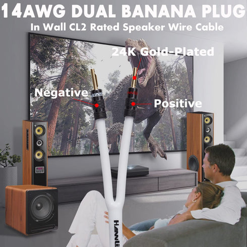 14AWG Speaker Wire Cable (15 Feet), 1 Pack Premium Heavy Duty Braided Speaker Cable Dual Gold Plated Banana Plug Tips in-Wall CL2, Oxygen-Free Cop...