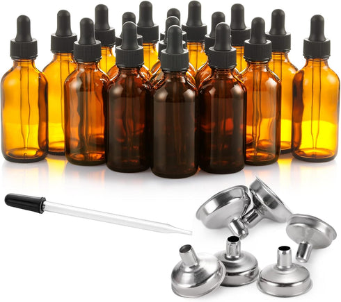24 Pcs, 2 oz Dark Amber Dropper Bottles with 6 Small Funnels & 1 Long Glass Labels - 60ml Tincture Bottles w/ Eye Dropper for Essential Oils, Perf...