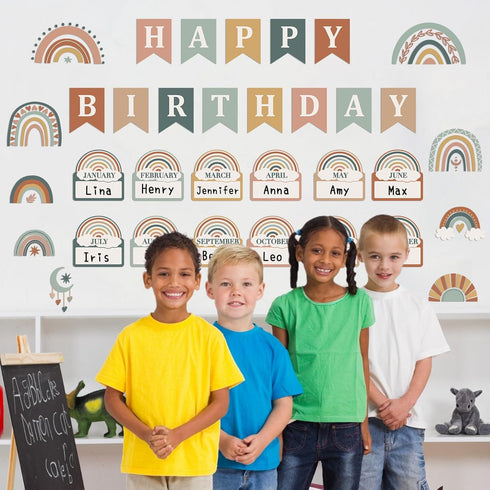 Modern Boho Classroom Birthday Bulletin Board Decorations Boho Nameplates Birthday Rainbow Cutout Decoration for Classroom Decors Wall Preschool C...