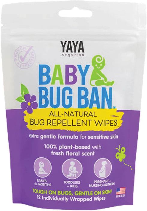 YAYA ORGANICS Baby Bug BAN Insect Repellent Wipes – All-Natural, DEET-Free, Non-Toxic, for Babies, Kids, Pregnant and Nursing Moms and Sensitive S...