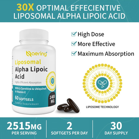Liposomal Alpha Lipoic Acid 1400mg Softgels, ALA Supplement with L-Carnitine 1000mg, Ubiquinol (Active CoQ10) 100mg and Vitamin E 10mg,Alpha-Lipoi...