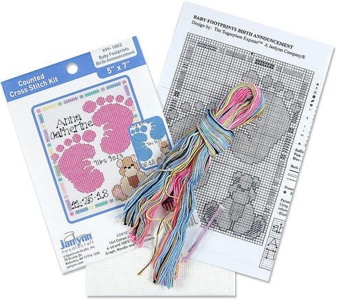 Janlynn Baby Footprints Counted Cross Stitch Kit, Pink, Purple, White...