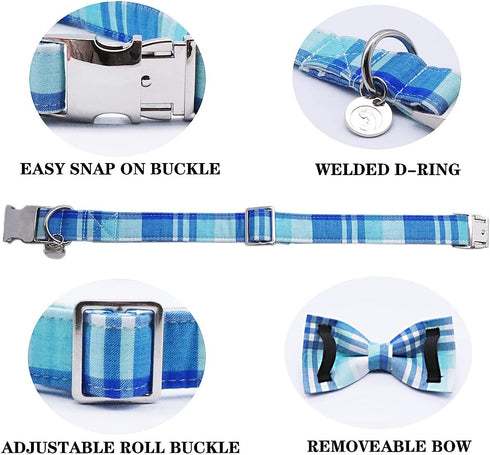 Plaid Dog Collar with Bow tie-Summer Cotton Dog Collar Blue Plaid Pet Collar Comfortable Cute Dog Collar for Small Medium Large Dog...