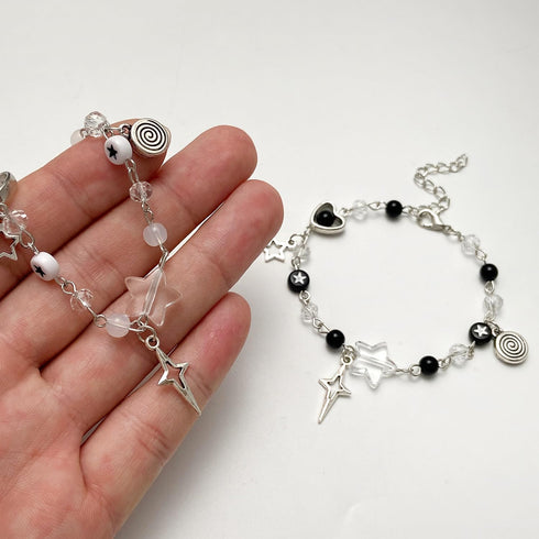 Caiyao Y2K Cool Punk Hollowed Out Pentagram Matching Beaded Bracelet Handmade Guitar Star Pendant Bracelet Aesthetic Imitation Pearl Beads Bracele...