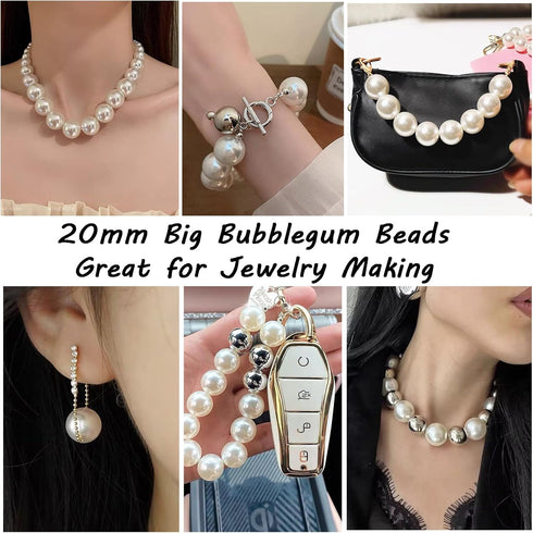 50Pcs Chunky Bubblegum Beads 20mm Silver Gold Gumball Rhinestone Beads with 48pcs Tiny Round Spacers, Extender Chains, Beading Wire for Crafts Jew...