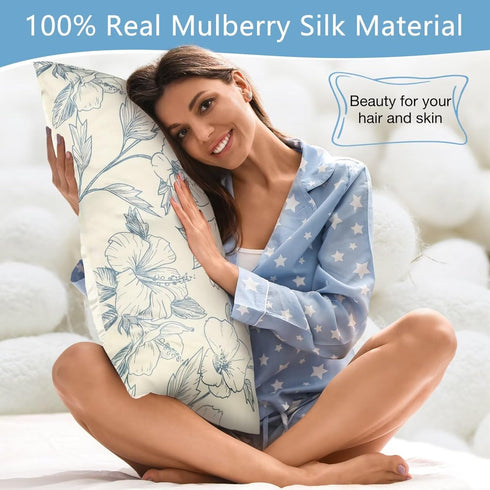 Blue Floral Silk Pillowcases Standard, Reversible Satin Pillow Cases for Hair and Skin Envelope Closure, 22 Momme 6A Grade 100% Silk 20"x26"...
