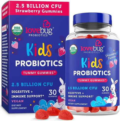 Lovebug Award Winning USDA Organic Probiotic Gummies for Kids | Soil-Based Probiotic | Vegan | Ages 3+ | Natural Fruit Strawberry Flavor | 30 Gumm...