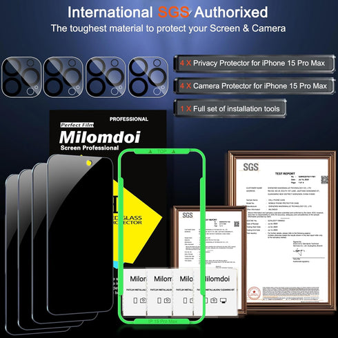 Milomdoi 4 Pack Privacy Screen Protector for Apple iPhone 15 Pro Max with 4 Pack Tempered Glass Camera Lens Protector, Ultra 9H Accessories, Case ...