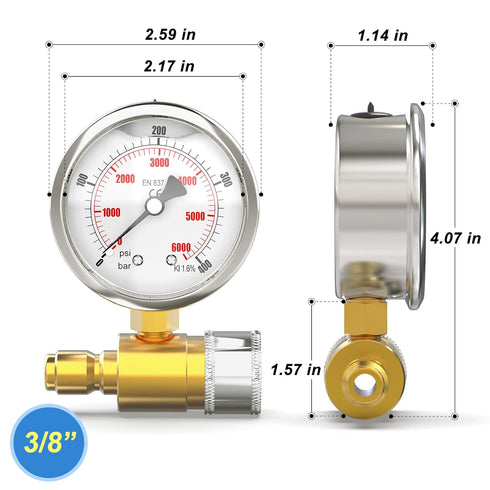 MEANLIN MEASURE 0~6000Psi Pressure Washer Pressure Gauge, 3/8 Inch Quick Connect, 2.5" FACE DIAL Stainless Steel Liquid Filled Pressure Gauge for ...