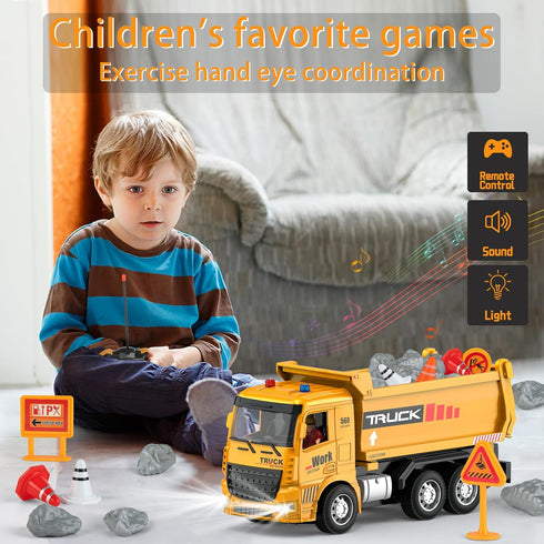 Race Remote Control Dump Truck - RC Construction Vehicles with LED Lights and Simulation Sound Rechargable Hydraulic Car for 6 7 8 9 Year Old Boys...