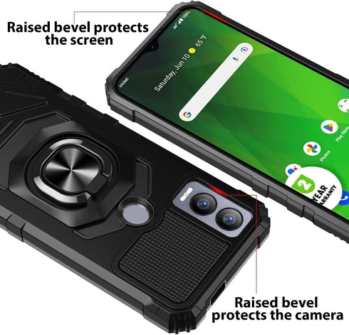 TJS Compatible for Cricket Magic 5G Case, AT&T Propel 5G Case, with Tempered Glass Screen Protector, Metal Ring Magnetic Support Kickstand Heavy D...