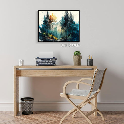 Watercolor Forest Poster,Green Trees Wall Art,Nature Serenity Watercolor Landscape Mountain Canvas wall art,Modern Botanical wall art.16x24 inch U...