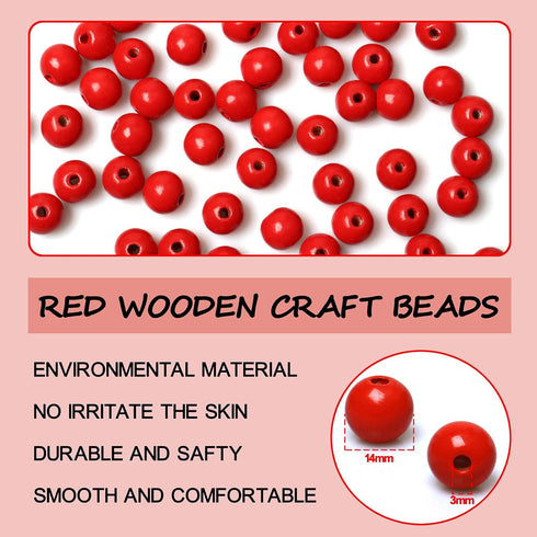 200 Red Wood Beads 14mm Round Dyed Wooden Loose Beads for Farmhouse Garland Making Wall Hanging Decor Christmas Ornaments (3mm Hole)...