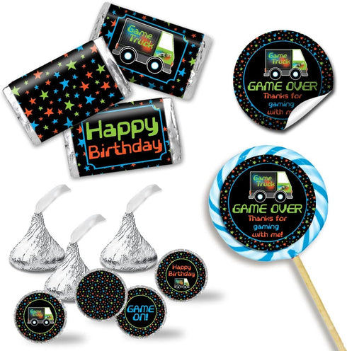 Game Truck Video Gamer Birthday Party Sticker Bundle Kit 429 pieces!!! Includes 60 2 Circle Stickers for Favors & Goodie Bags, 45 Mini Candy Bar W...