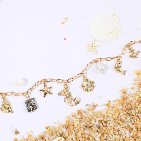 Gold Ocean Charm Necklace for Women Hawaii Chain Necklace with Cute Dangle Mermaid Shell Pearl Starfish Conch Dolphin Ship Anchor Sea Pendant Adju...