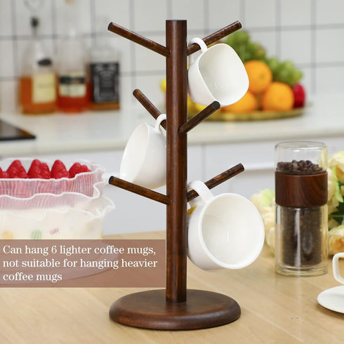Patelai Coffee Mug Tree with 6 Hooks Wood Mug Holder Tree Mug Stand Hanger Kitchen Coffee Mug Tree Countertop Tea Cups Holder Stand 14 Inch Remova...