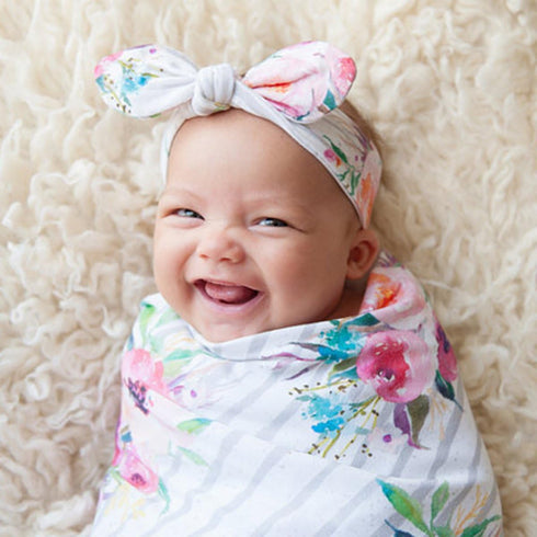Newborn Girls Receiving Blanket Headband Set Flower Baby Swaddle Blankets Infant Warm … (0-6 Months, Striped)...