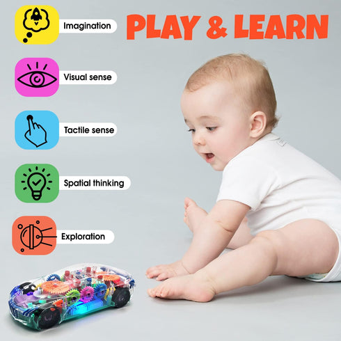 Light Up Transparent Car Toy - Fun and Interactive Electric Car Toy for Kids- Music Car with LED - Colorful Moving Gears -Tummy Time Crawling Baby...