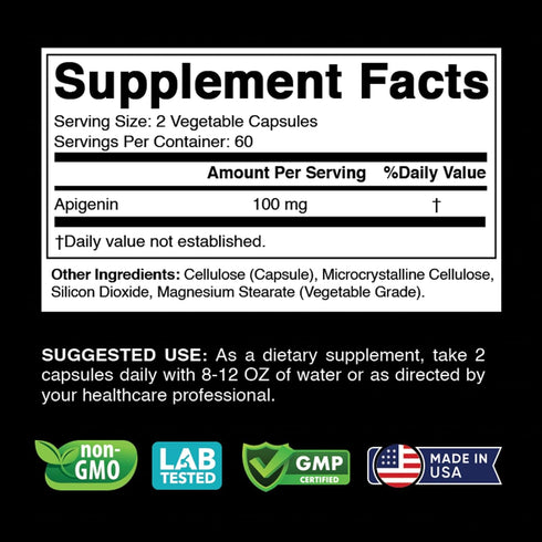 Apigenin 100mg per Serving - 120 Vegetable Capsules - Raw Plant Extract from Chamomile Flower - Non Habit Forming – Active Bioflavonoids & Antioxi...