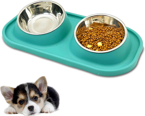 BNOSDM Double Dog Bowl Tilted Raised Stainless Steel Dog Bowls with Plastic Mat, Cat Basic Food and Water Bowl Set for Small Dog Pet Kitten Puppy...