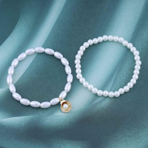 Vintage Layered Shell Pearl Anklet White Pearl Anklet Gold Scallop Shell Anklet Bracelet Pearl Bead Anklet Foot Chain Pearl Stretch Anklet Jewelry...