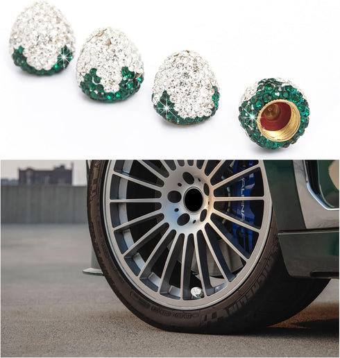 4PCS Strawberry Car Tire Valve Stem Caps, Bling Crystal Rhinestone Tire Valve Stem Covers, Dustproof Wheel Valve Covers for Women, Universal Car A...